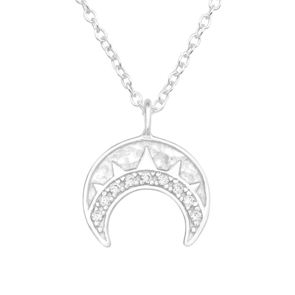 Sterling Silver Crescent Moon Necklace with Crystal Stones